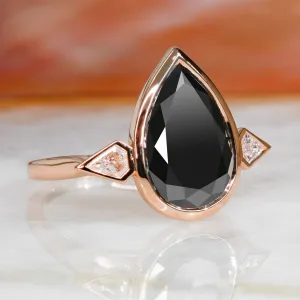 Moonless Night Three Stone  Natural Black Diamond Pear Engagement Ring