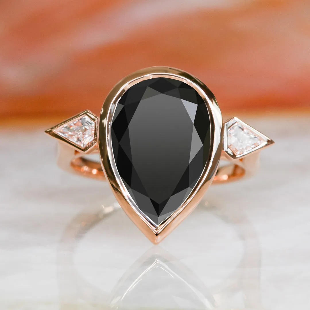 Moonless Night Three Stone  Natural Black Diamond Pear Engagement Ring