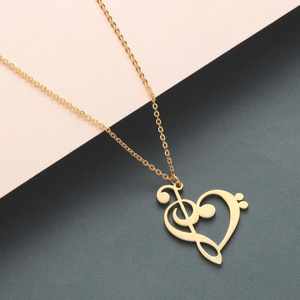 Music Note Heart of Treble and Bass Clef Necklace Women Infinity Love Charm Pendant Stainless Steel