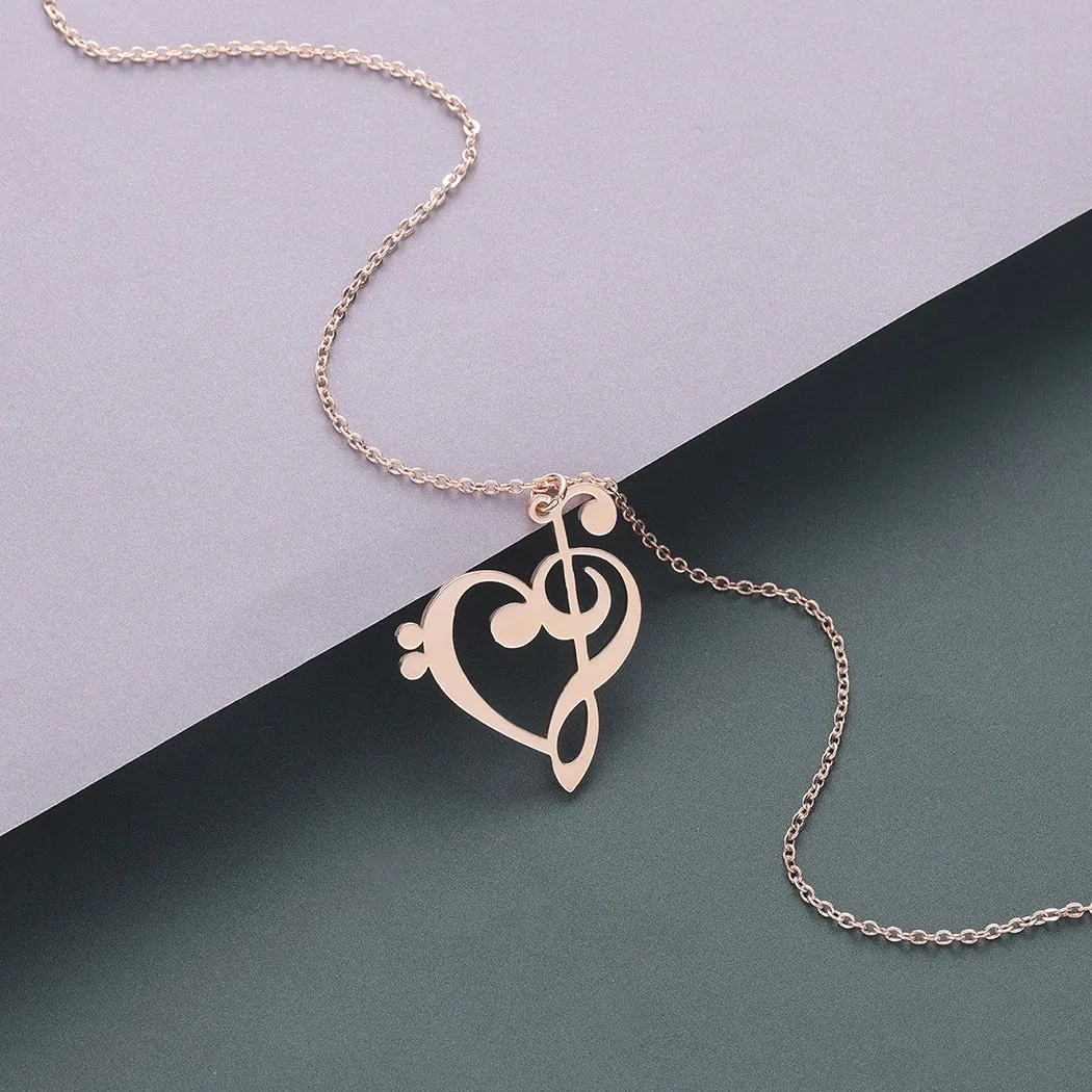 Music Note Heart of Treble and Bass Clef Necklace Women Infinity Love Charm Pendant Stainless Steel