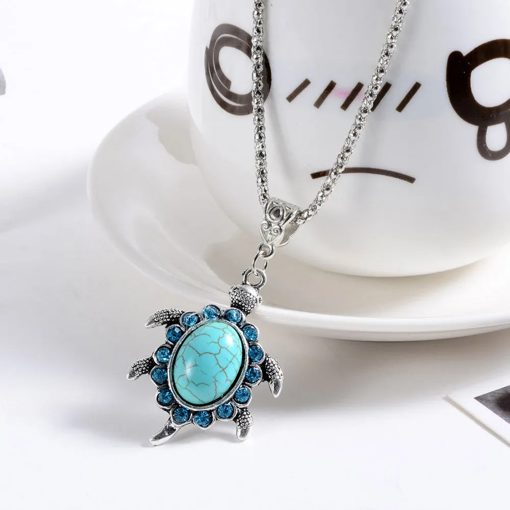 New Arrival Fashion crystal rhinestone blue gem cute animal tortoise Pendant Necklace jewelry for Women charm