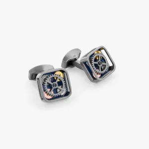 Pop Gears Cufflinks with Navy Enamel in Gunmetal