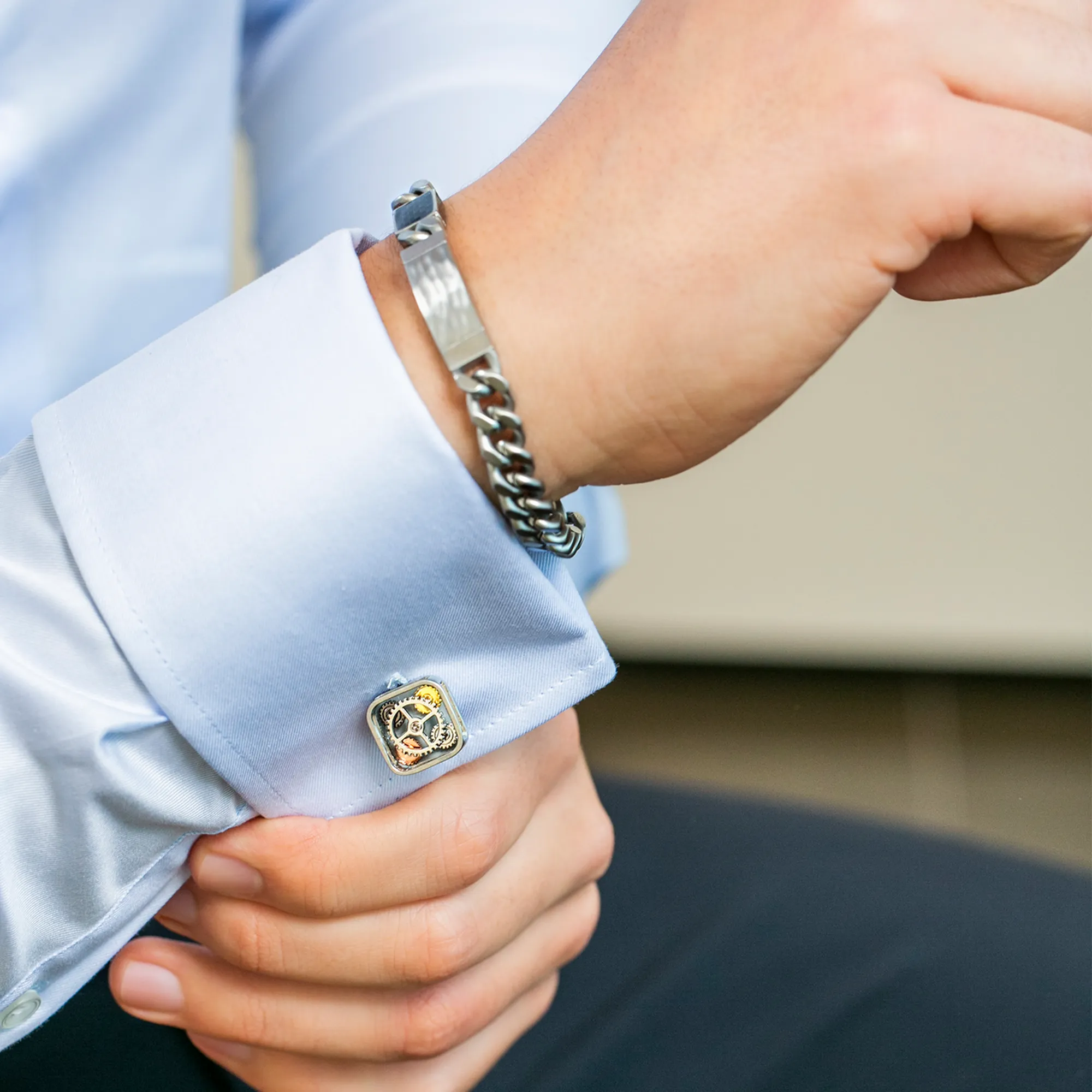 Pop Gears Cufflinks with Navy Enamel in Gunmetal