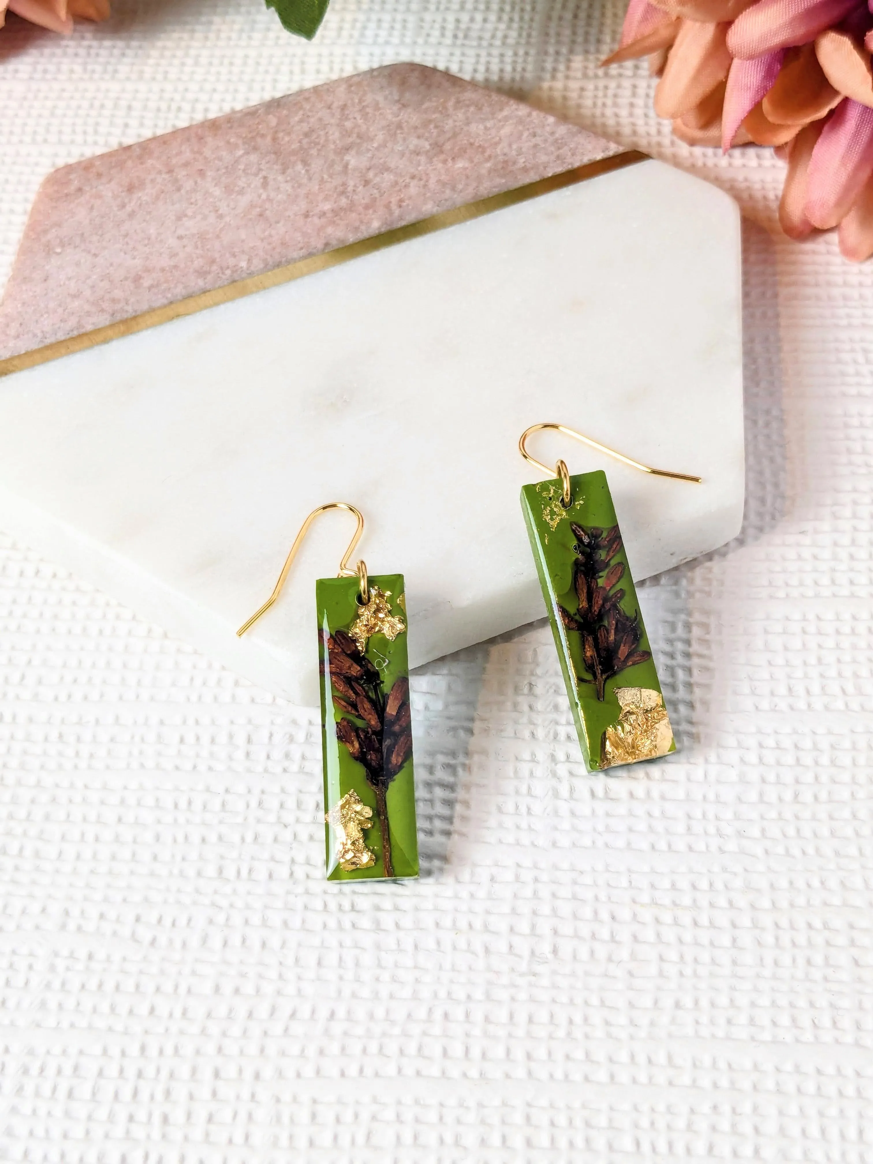 "Odette" Orange Flower with Gold Leaf on Green Rectangle Block Dangle Earrings