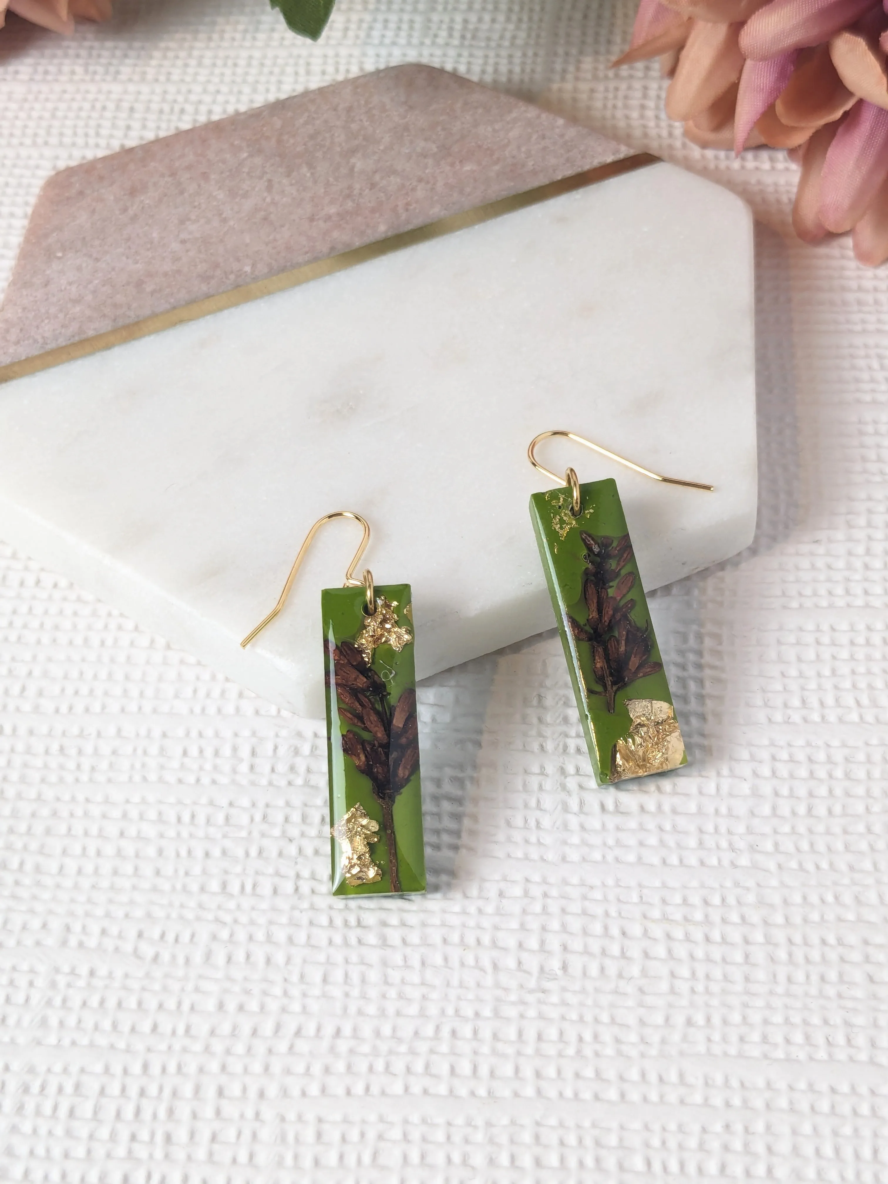 "Odette" Orange Flower with Gold Leaf on Green Rectangle Block Dangle Earrings