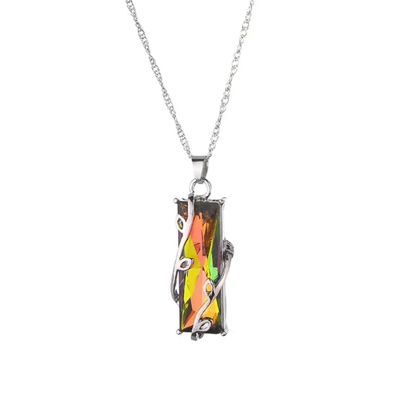 Rainbow Stone Tree Of Life Pendant Necklace For Women Men Long Chain  Crystal Glass Leaves Square Necklaces