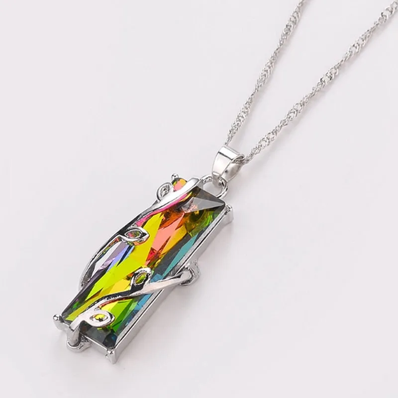 Rainbow Stone Tree Of Life Pendant Necklace For Women Men Long Chain  Crystal Glass Leaves Square Necklaces