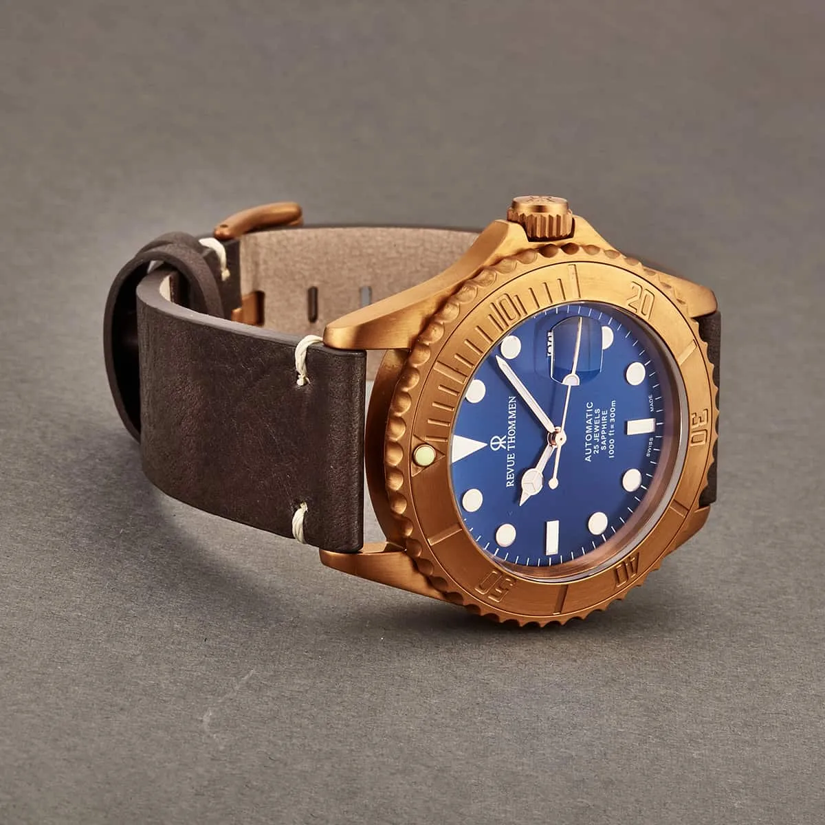 Revue Thommen Men's 17571.2595 'Diver' Blue Dial Brown Leather Strap Bronze/Steel Automatic Watch