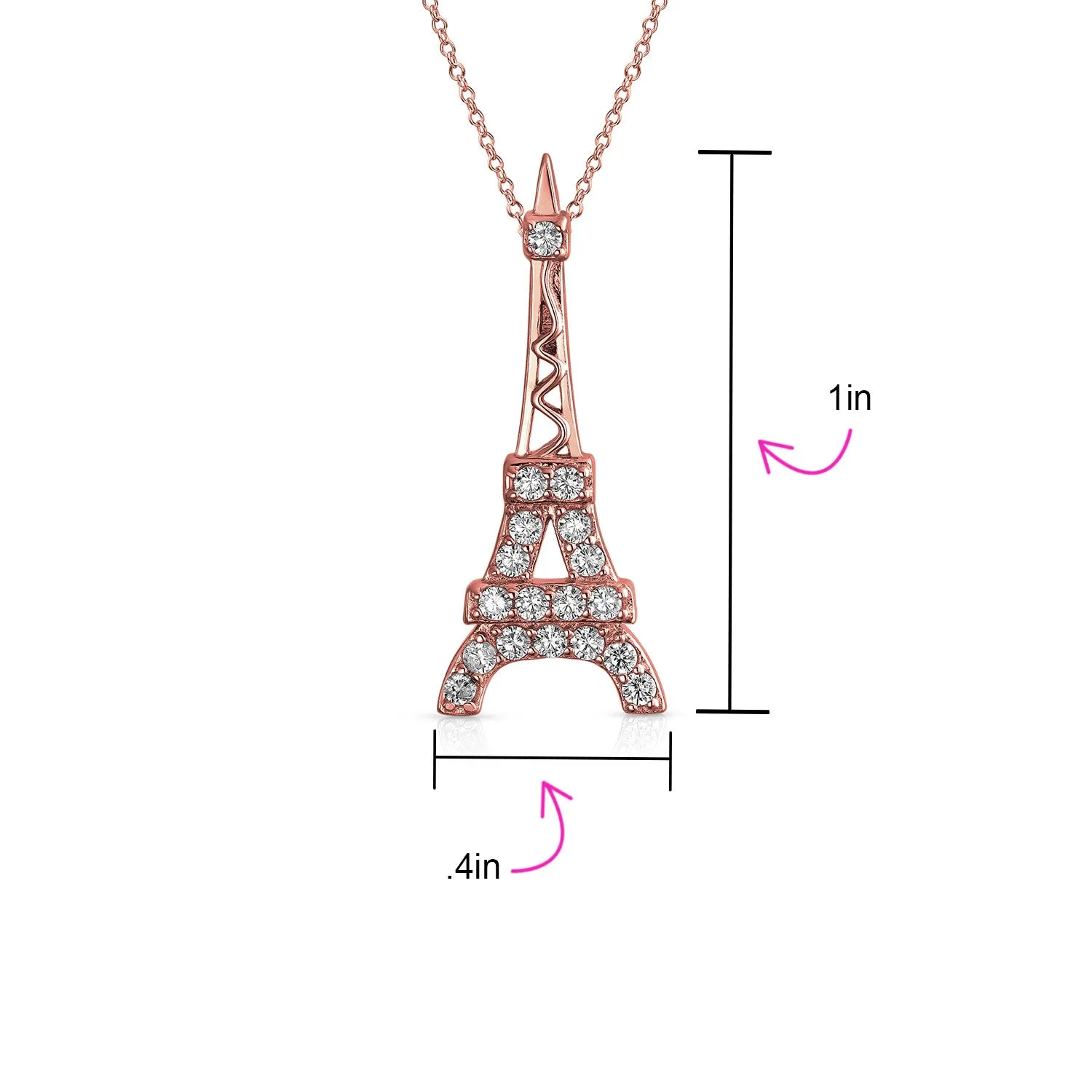 Rose Gold Eiffel Tower Pendant Necklace with Cubic Zirconia Pave on Sterling Silver