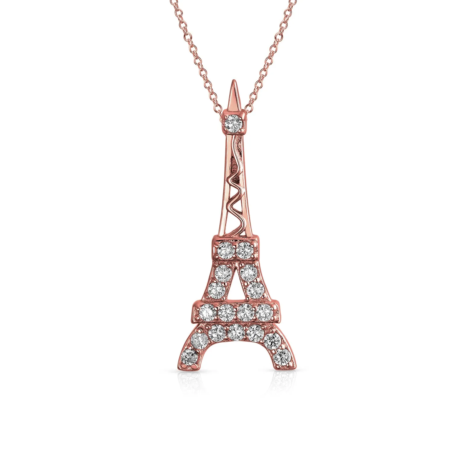 Rose Gold Eiffel Tower Pendant Necklace with Cubic Zirconia Pave on Sterling Silver