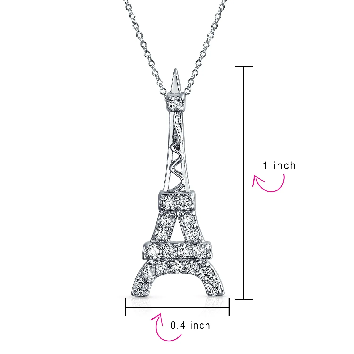 Rose Gold Eiffel Tower Pendant Necklace with Cubic Zirconia Pave on Sterling Silver