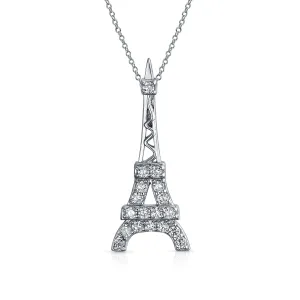 Rose Gold Eiffel Tower Pendant Necklace with Cubic Zirconia Pave on Sterling Silver