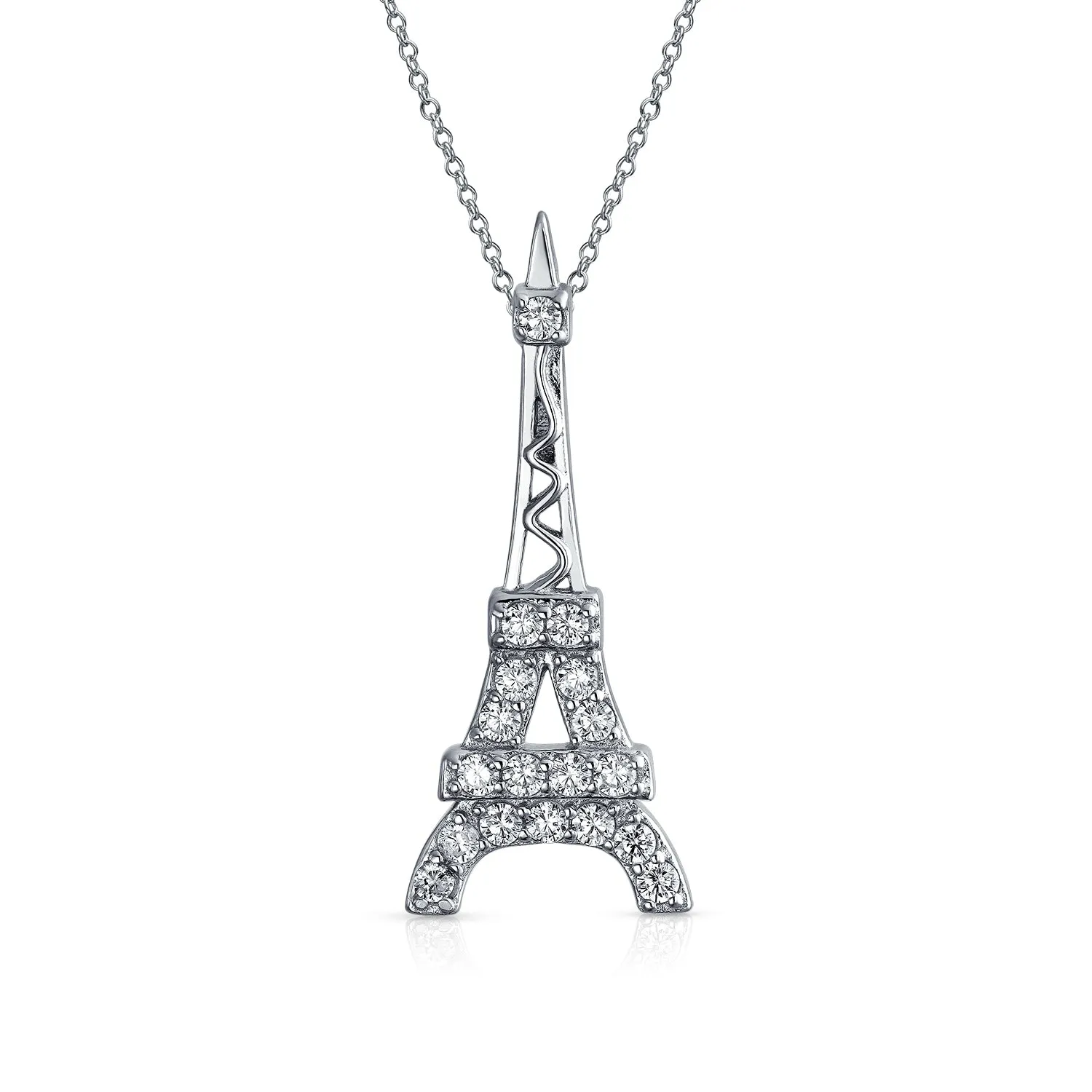 Rose Gold Eiffel Tower Pendant Necklace with Cubic Zirconia Pave on Sterling Silver