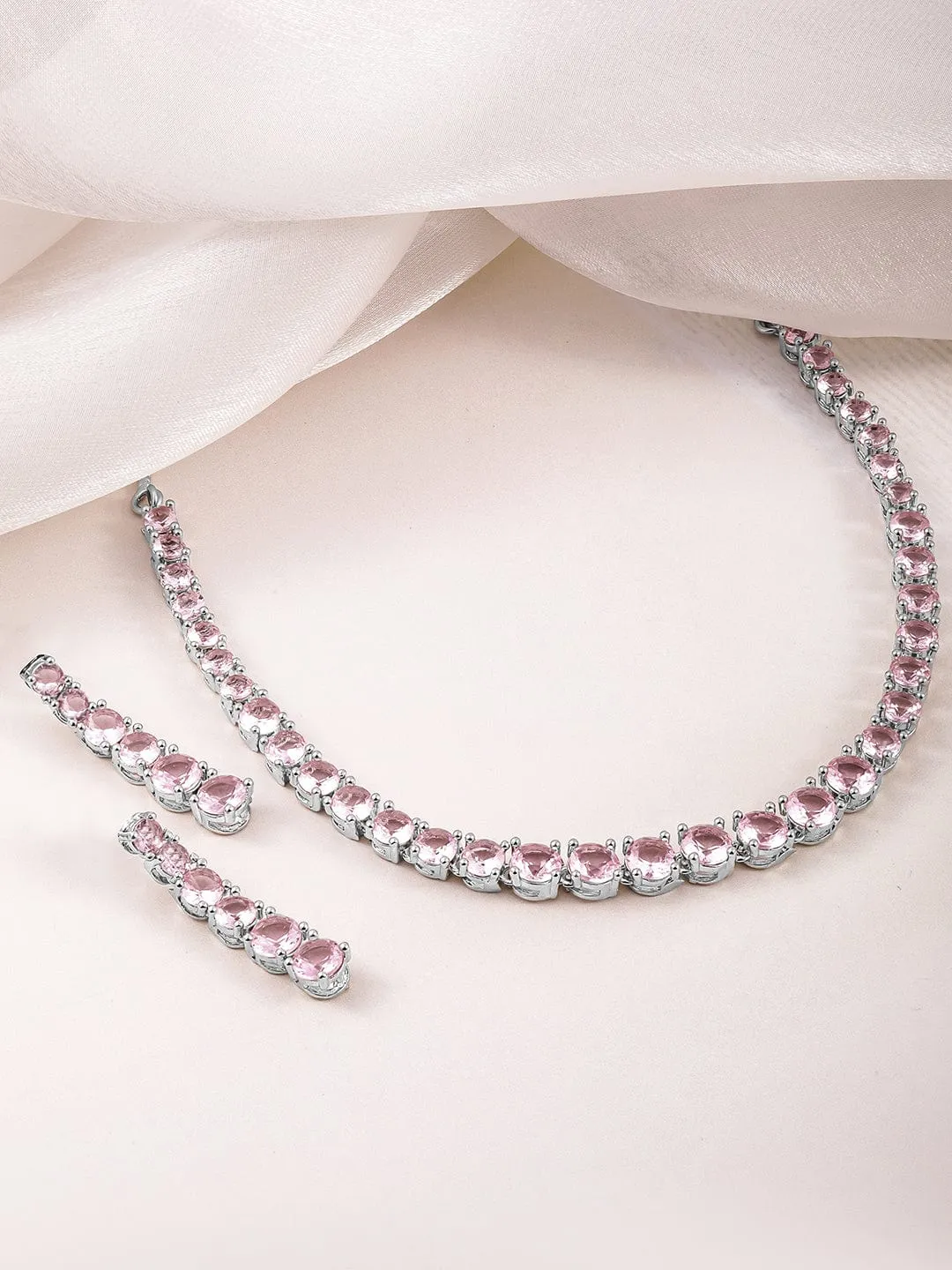 Rubans Rhodium-Plated Crystal Pink Zirconia Studded Necklace and Earrings Set