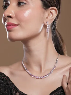 Rubans Rhodium-Plated Crystal Pink Zirconia Studded Necklace and Earrings Set