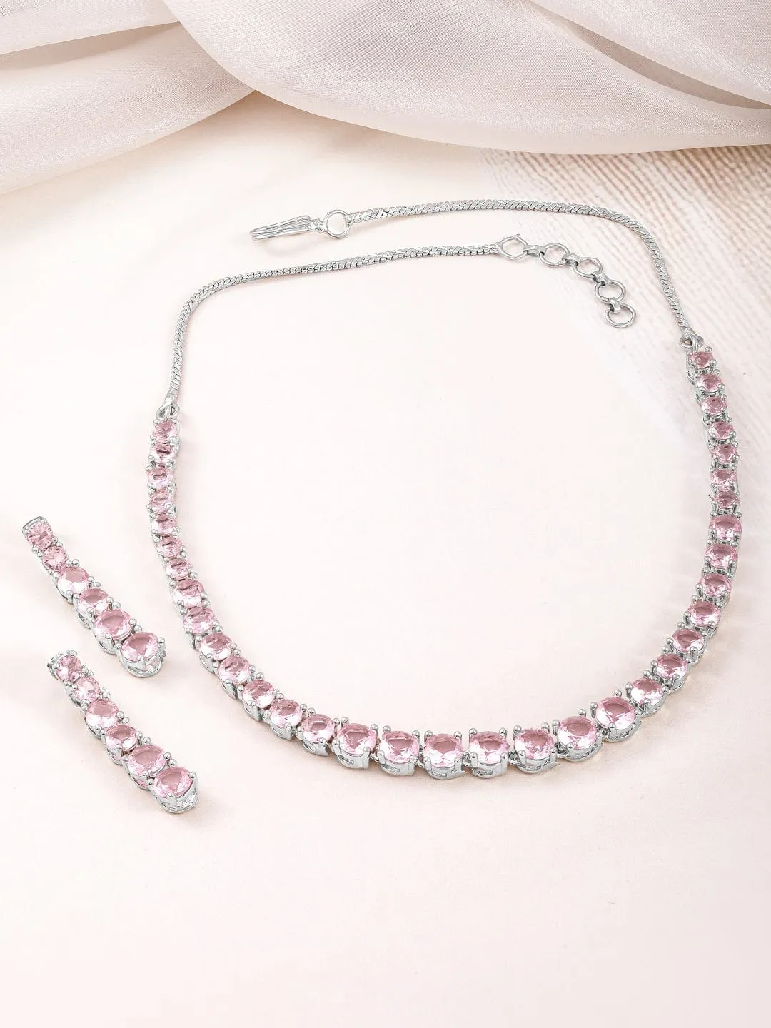 Rubans Rhodium-Plated Crystal Pink Zirconia Studded Necklace and Earrings Set