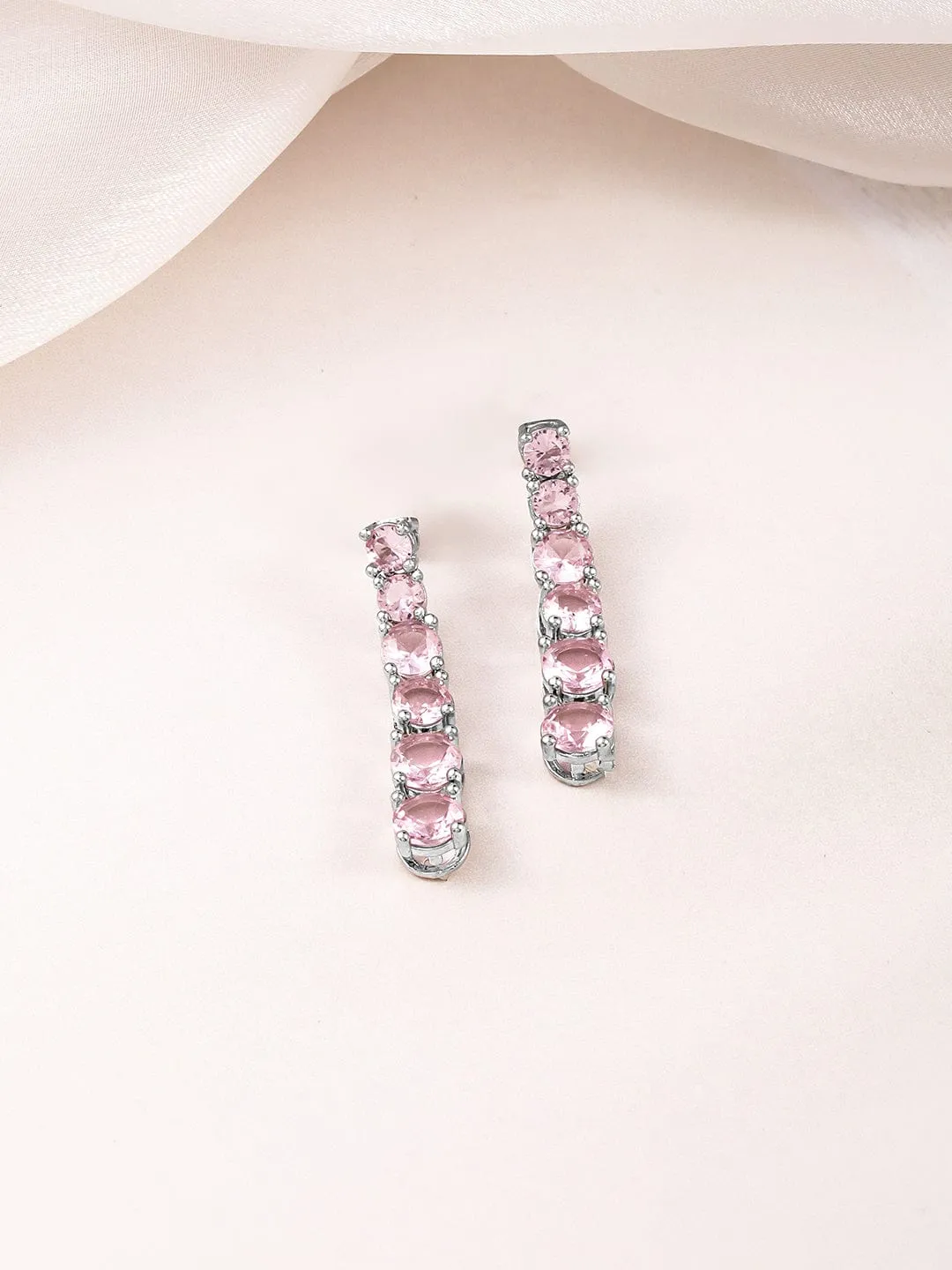 Rubans Rhodium-Plated Crystal Pink Zirconia Studded Necklace and Earrings Set