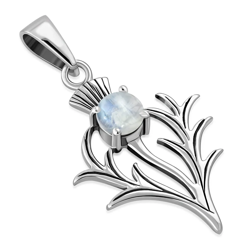 Small Silver Scottish Thistle Pendant w/ Rainbow Moonstone