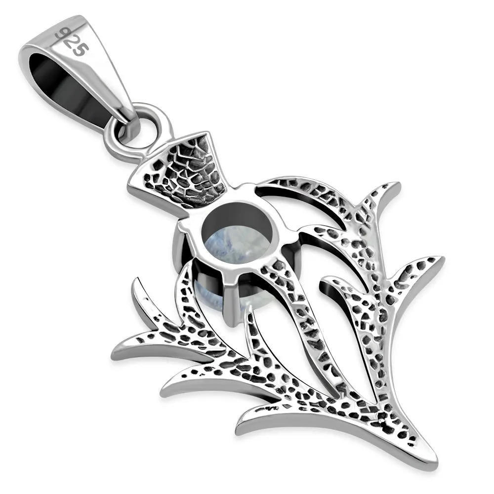 Small Silver Scottish Thistle Pendant w/ Rainbow Moonstone