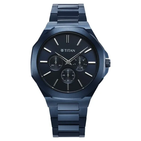 Titan Classic Slim Men's Multifunction Watch Blue Dial with Blue Stainless Steel Band, 90198QM01