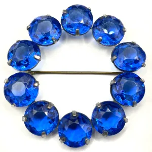 Vintage Art Deco bezel set gorgeous vibrant sapphire blue crystal riviere circle brooch, open-backed rhinestones in silver tone (Copy)