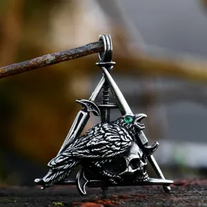 Wicca Sword Crow Stainless Steel Skull Pendant