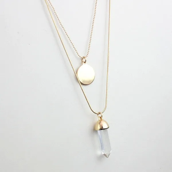 Women double layer alloy long necklace pendant with disc glass plating gold brand designer summer style