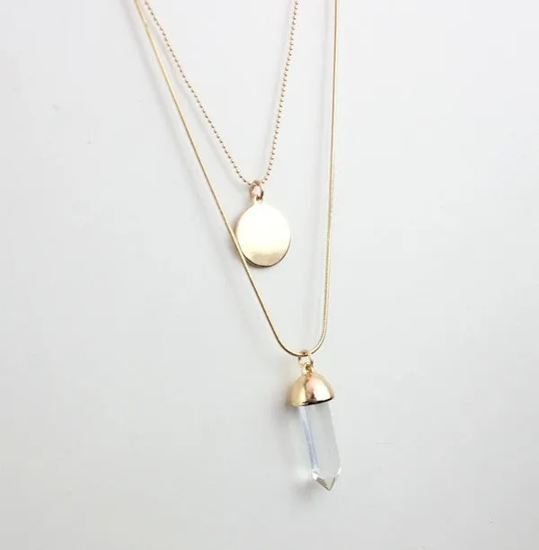 Women double layer alloy long necklace pendant with disc glass plating gold brand designer summer style