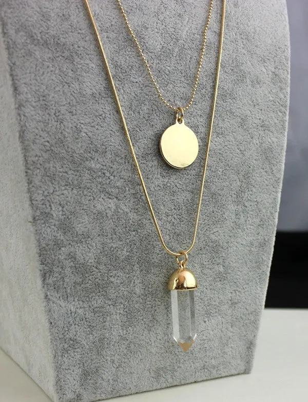 Women double layer alloy long necklace pendant with disc glass plating gold brand designer summer style