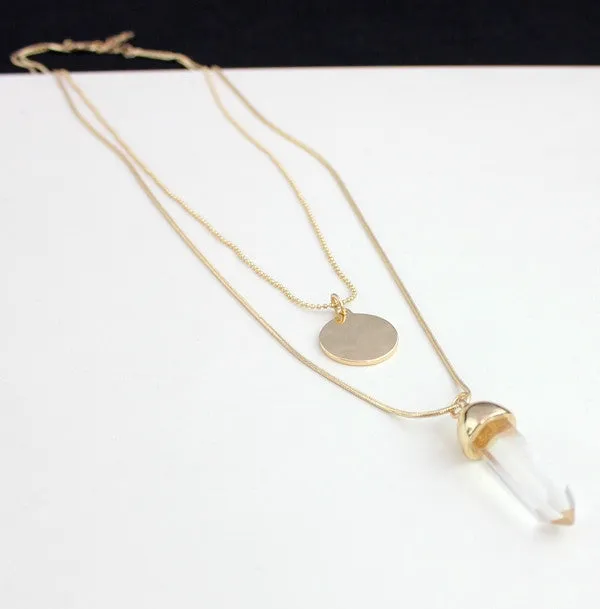 Women double layer alloy long necklace pendant with disc glass plating gold brand designer summer style