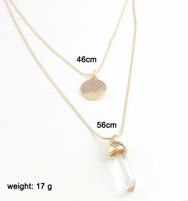 Women double layer alloy long necklace pendant with disc glass plating gold brand designer summer style