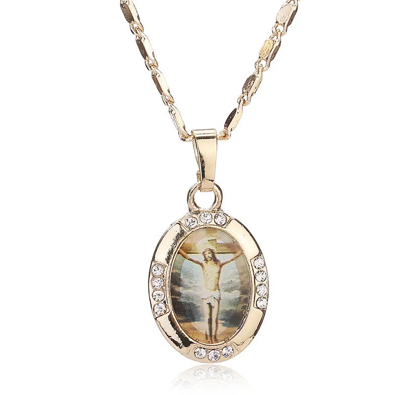 Women Men Cross Jesus Necklace Beads Jewelry Trendy 18K Gold Plated Pendant For Vintage Fine Statement Holiday Accessories