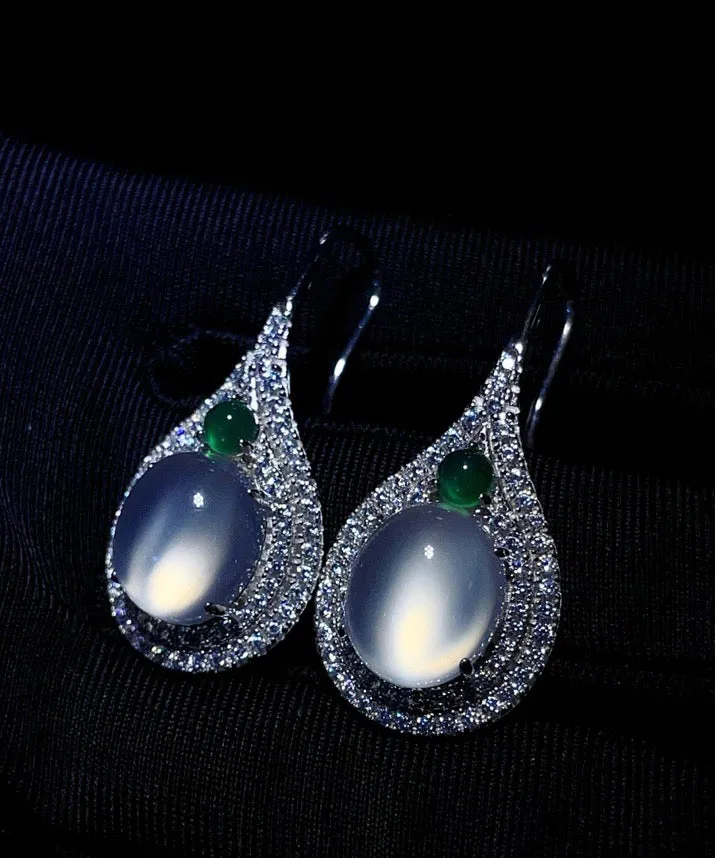 Women Silk Sterling Silver Inlaid Zircon Jade Stud Earrings AC1065